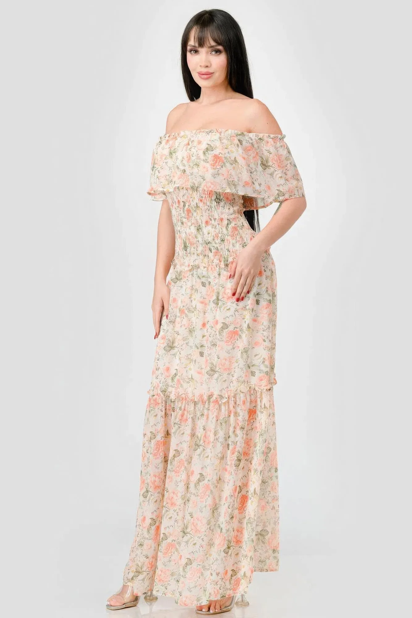 Off Shoulder Floral Maxi Dress for Women in Chiffon with Ruffles