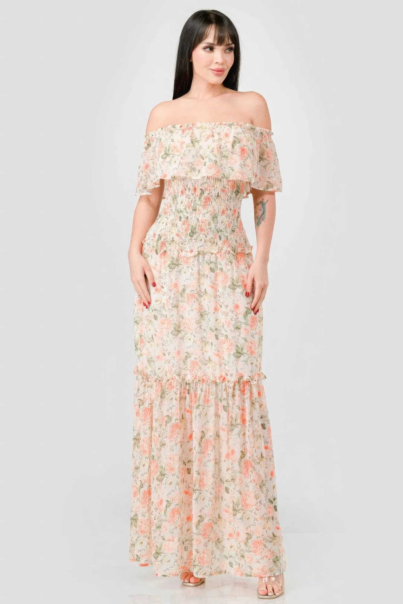 Off Shoulder Floral Maxi Dress for Women in Chiffon with Ruffles