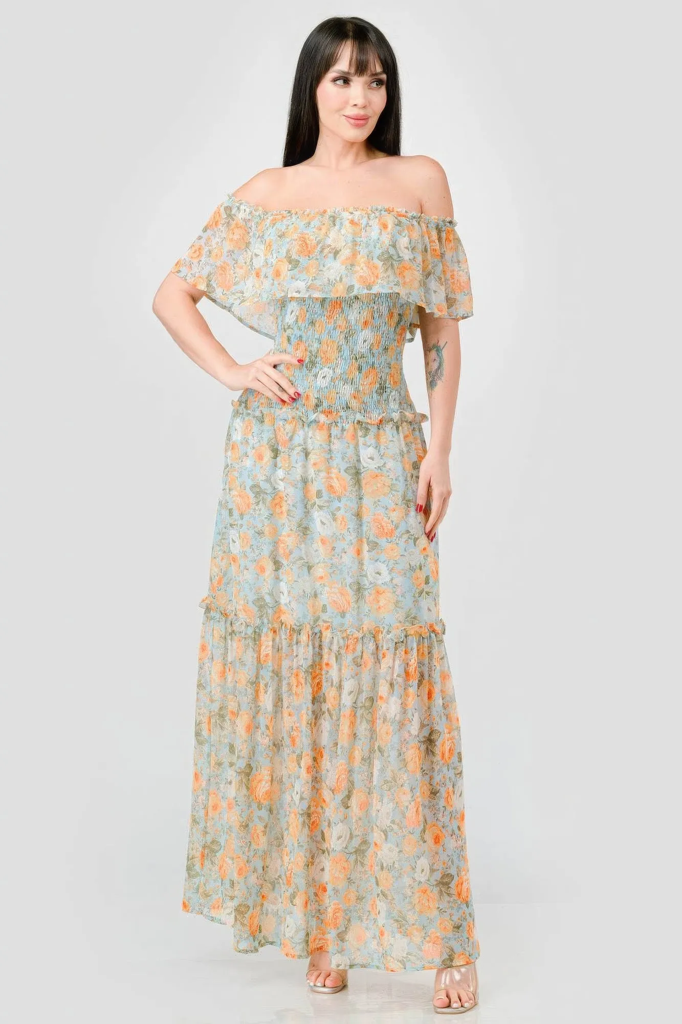 Off Shoulder Floral Maxi Dress for Women in Chiffon with Ruffles