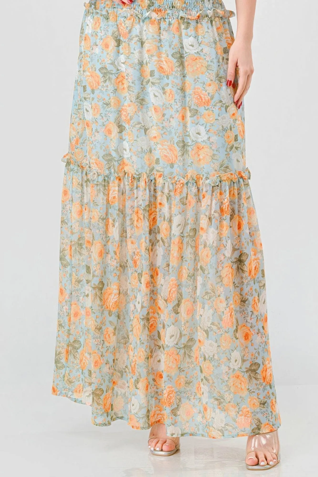 Off Shoulder Floral Maxi Dress for Women in Chiffon with Ruffles