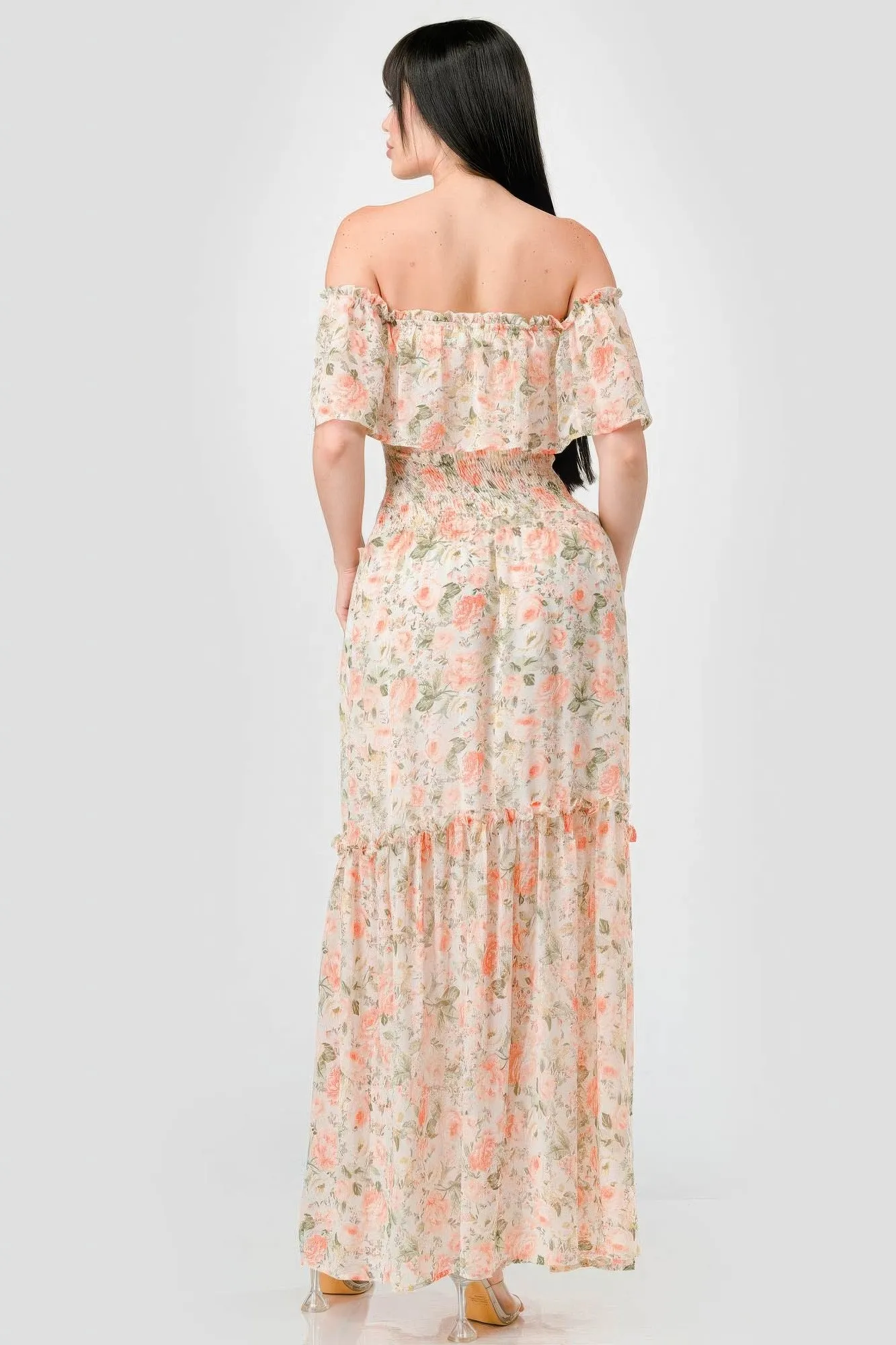 Off Shoulder Floral Maxi Dress for Women in Chiffon with Ruffles