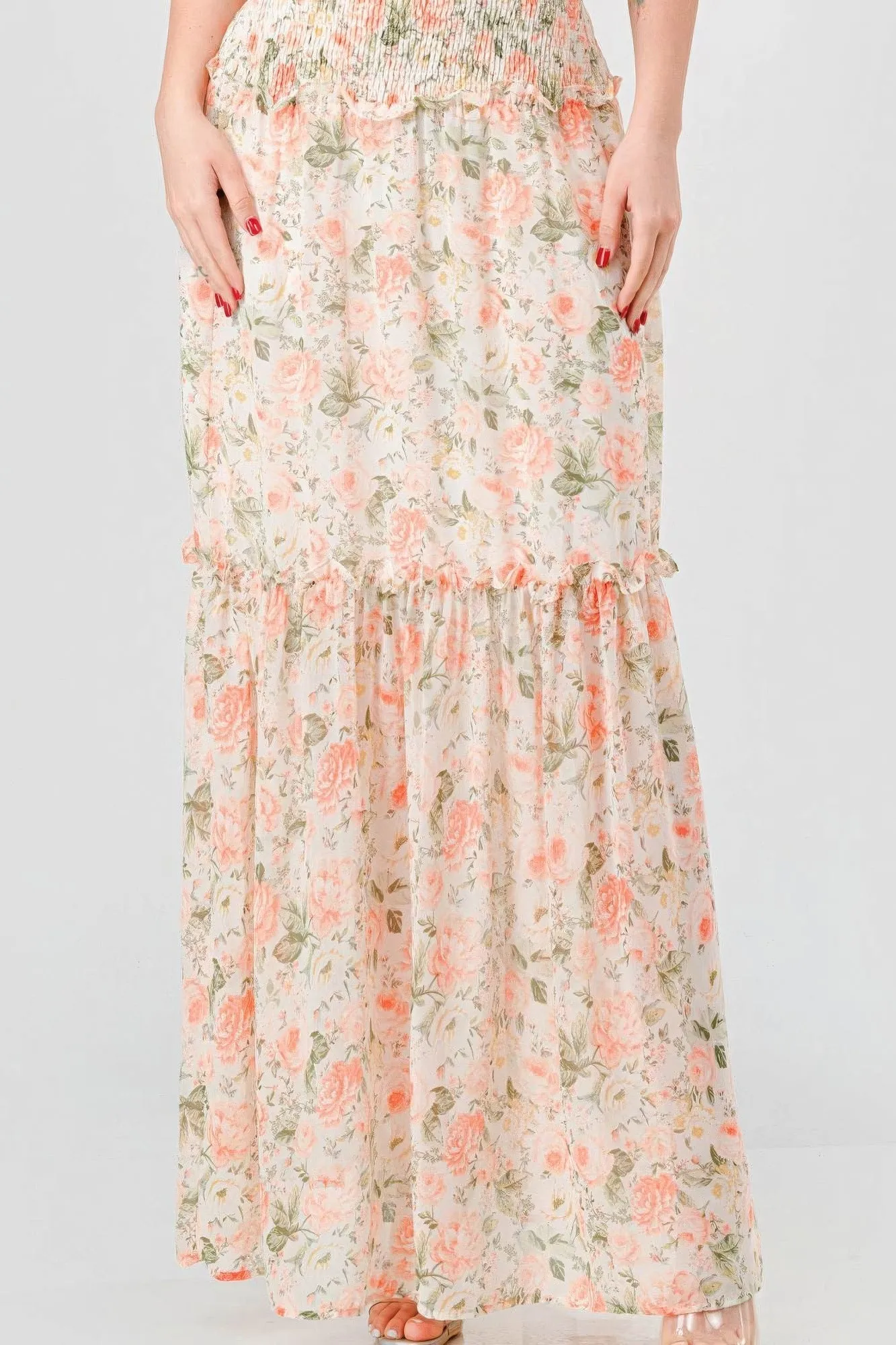 Off Shoulder Floral Maxi Dress for Women in Chiffon with Ruffles