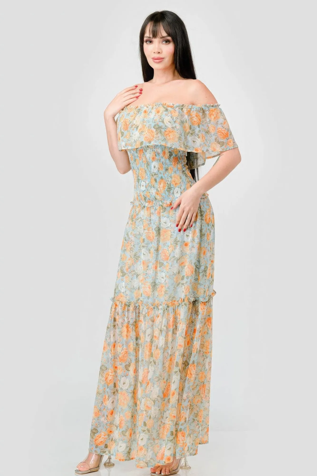 Off Shoulder Floral Maxi Dress for Women in Chiffon with Ruffles