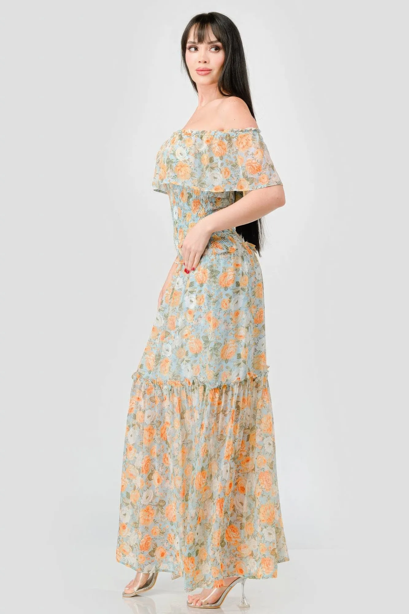 Off Shoulder Floral Maxi Dress for Women in Chiffon with Ruffles