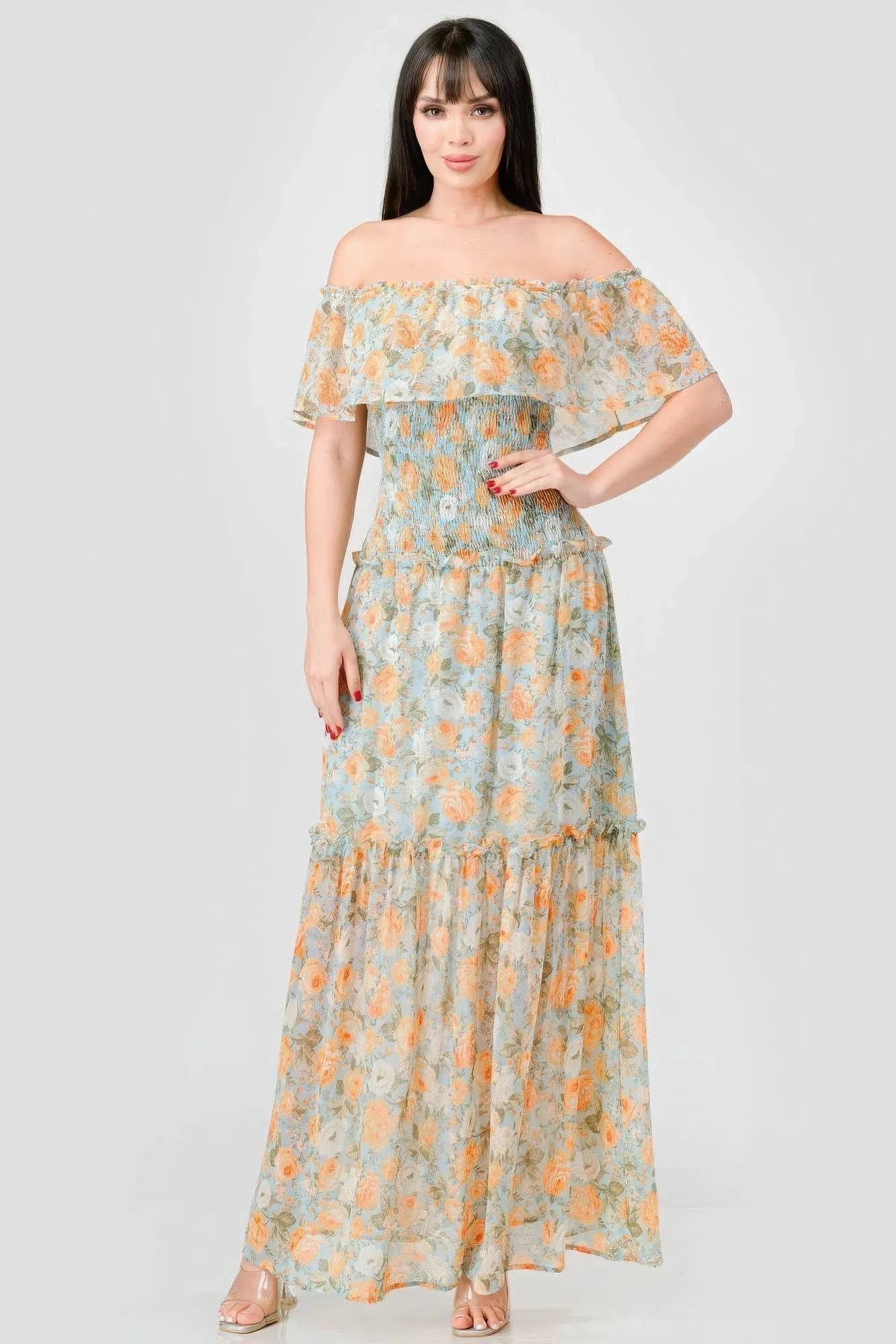 Off Shoulder Floral Maxi Dress for Women in Chiffon with Ruffles