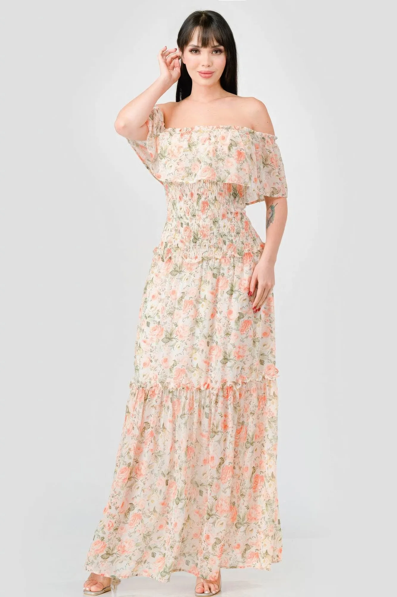 Off Shoulder Floral Maxi Dress for Women in Chiffon with Ruffles