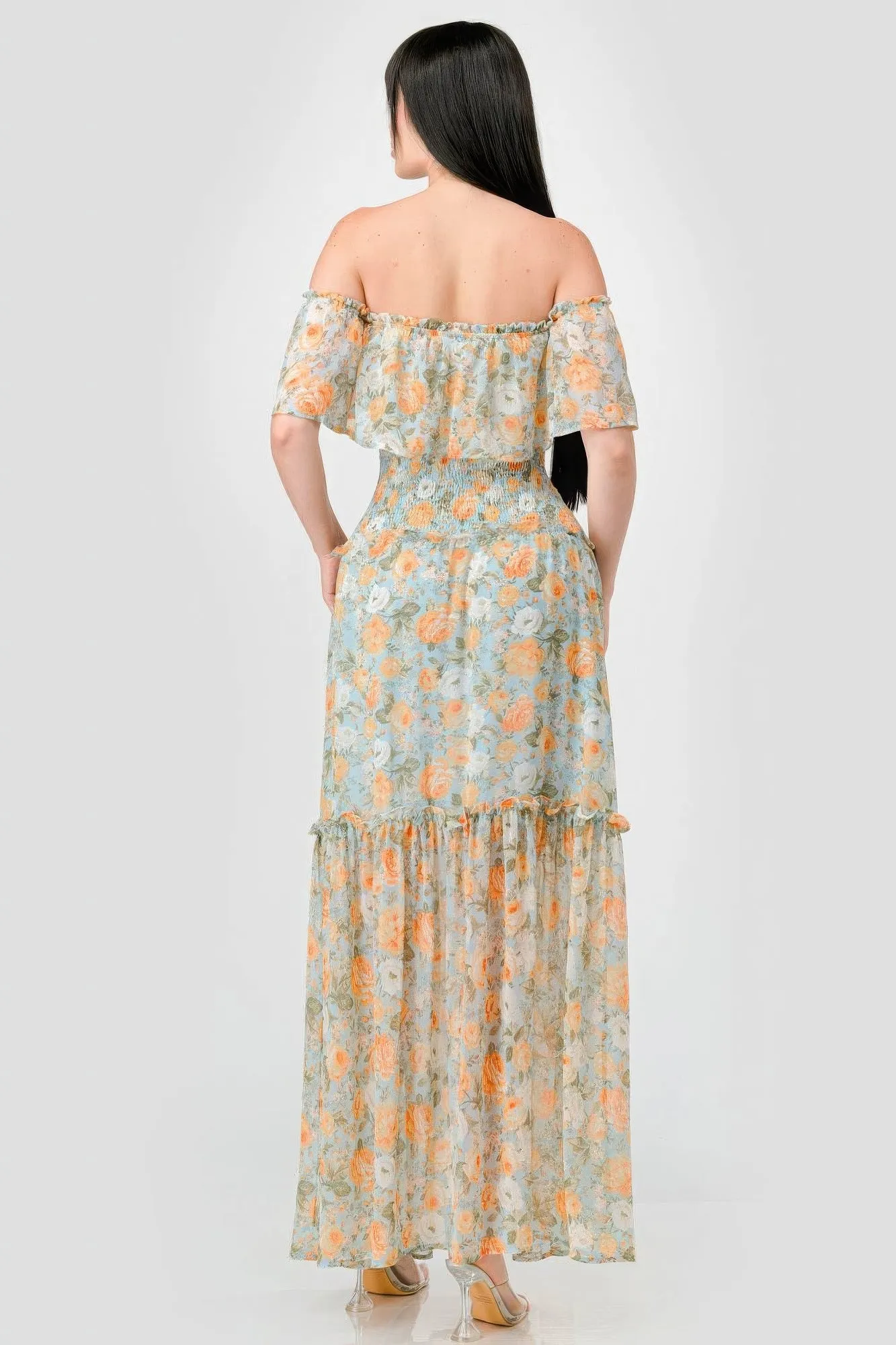 Off Shoulder Floral Maxi Dress for Women in Chiffon with Ruffles