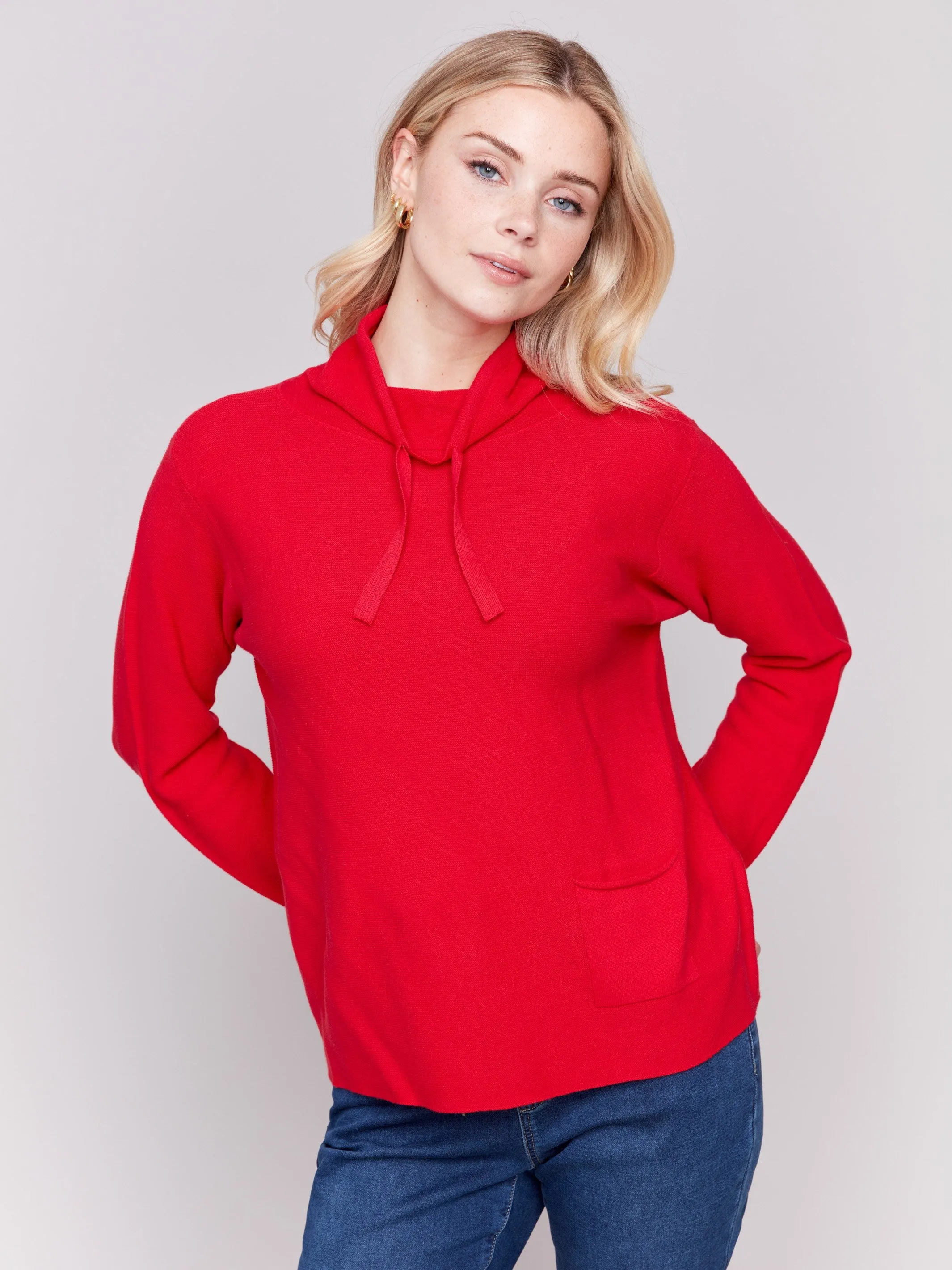 Ottoman Cotton Funnel Neck Sweater - Cranberry