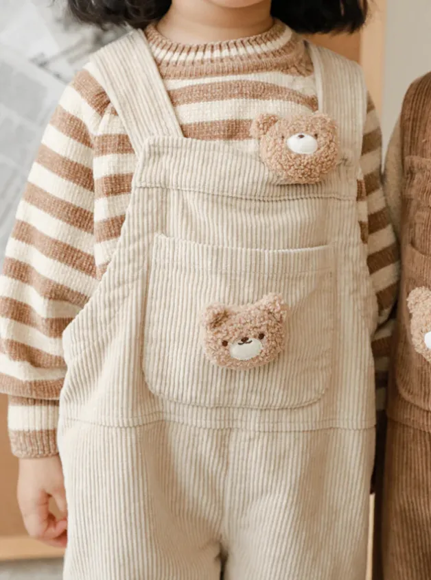 Petite Bear Corduroy Flap Pocket Front Overalls| Beige