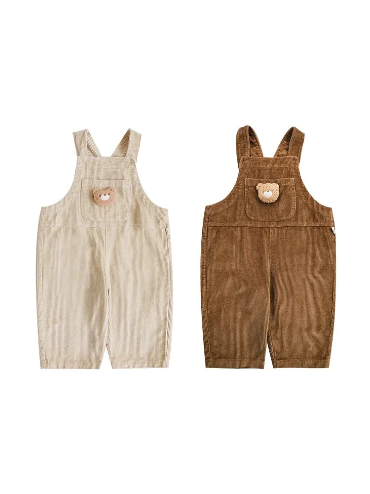 Petite Bear Corduroy Flap Pocket Front Overalls| Beige