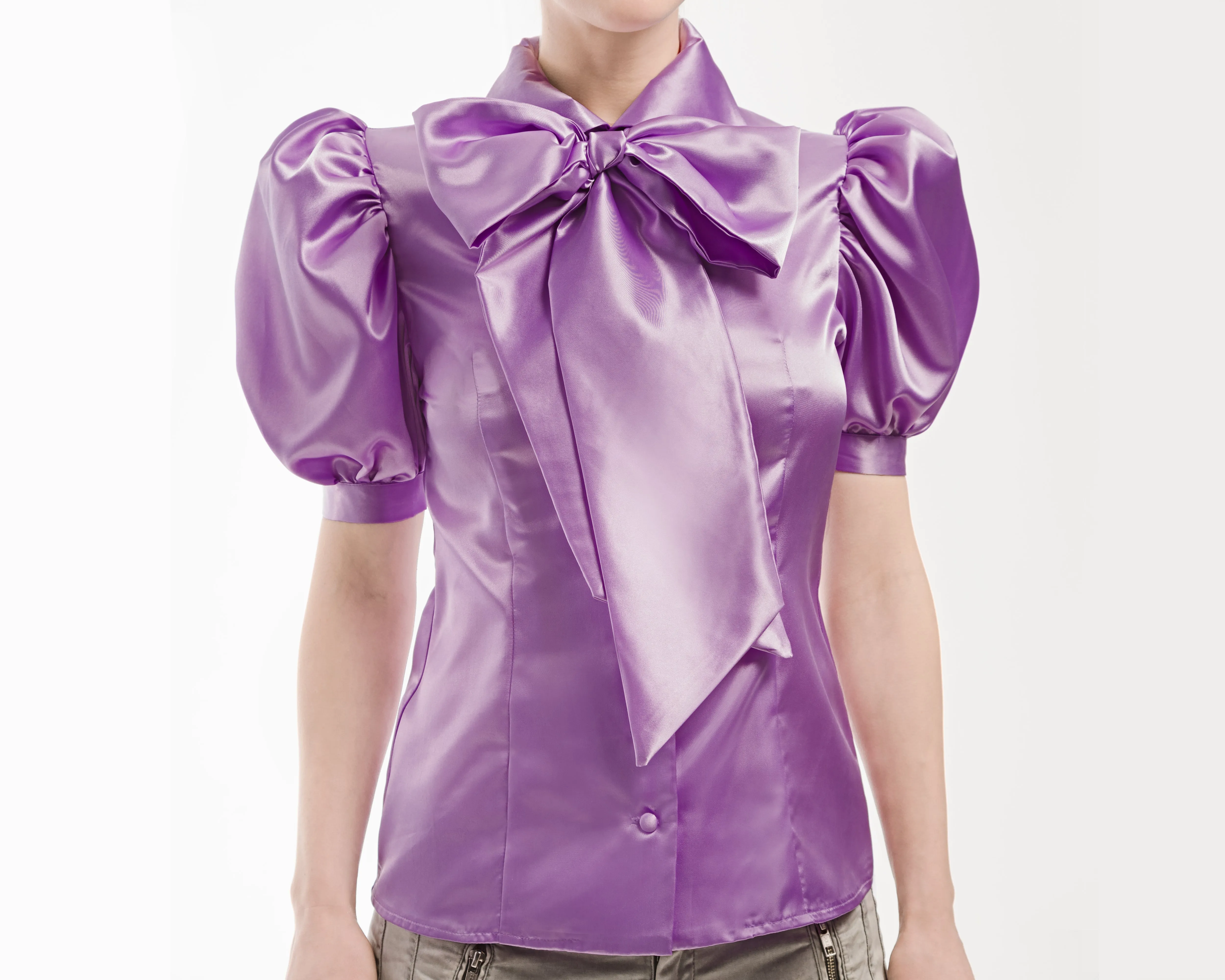 Puffy Sleeve Satin Blouse With Neck Bow