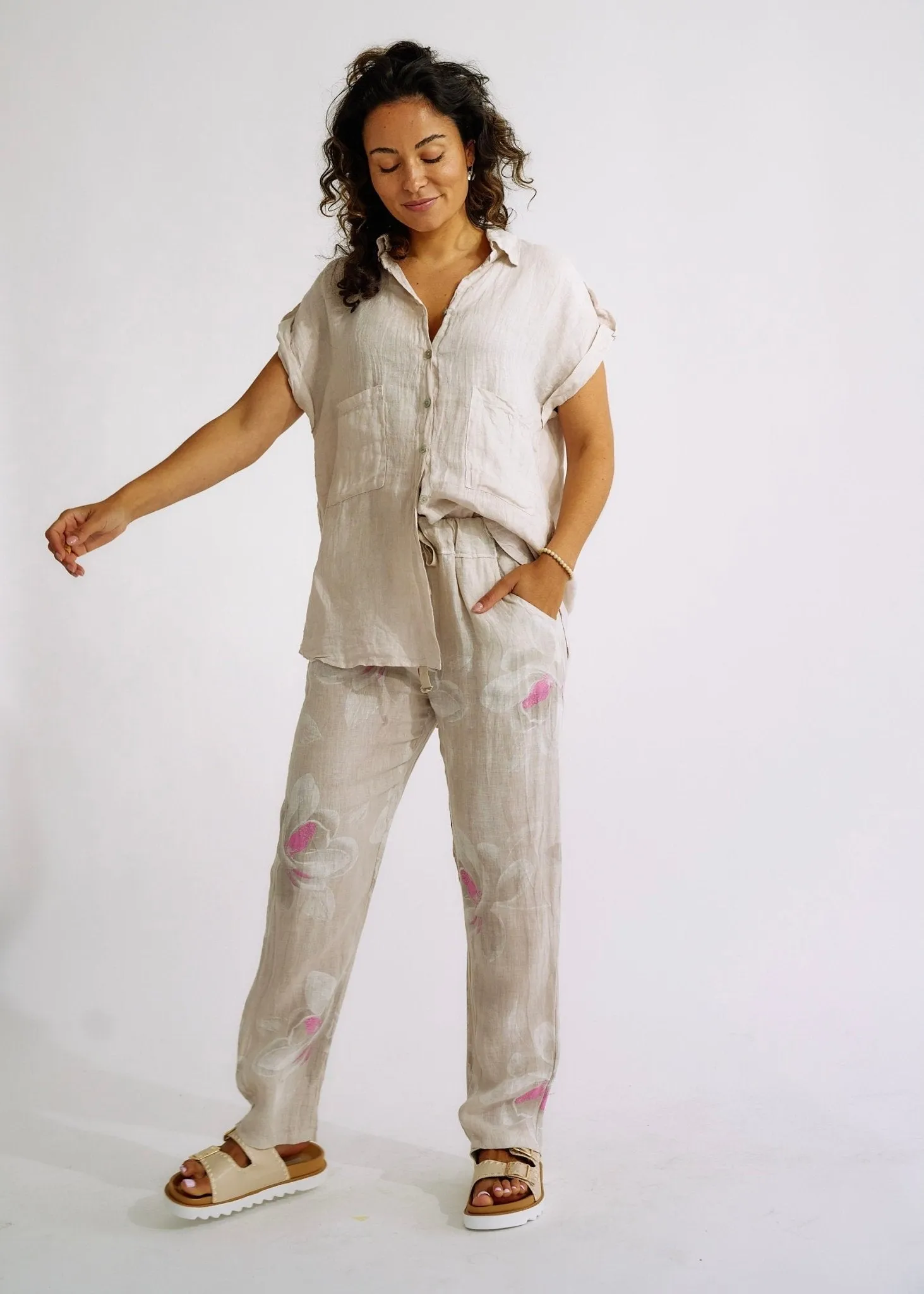 Pure Linen Italian Floral Printed Joggers Beige