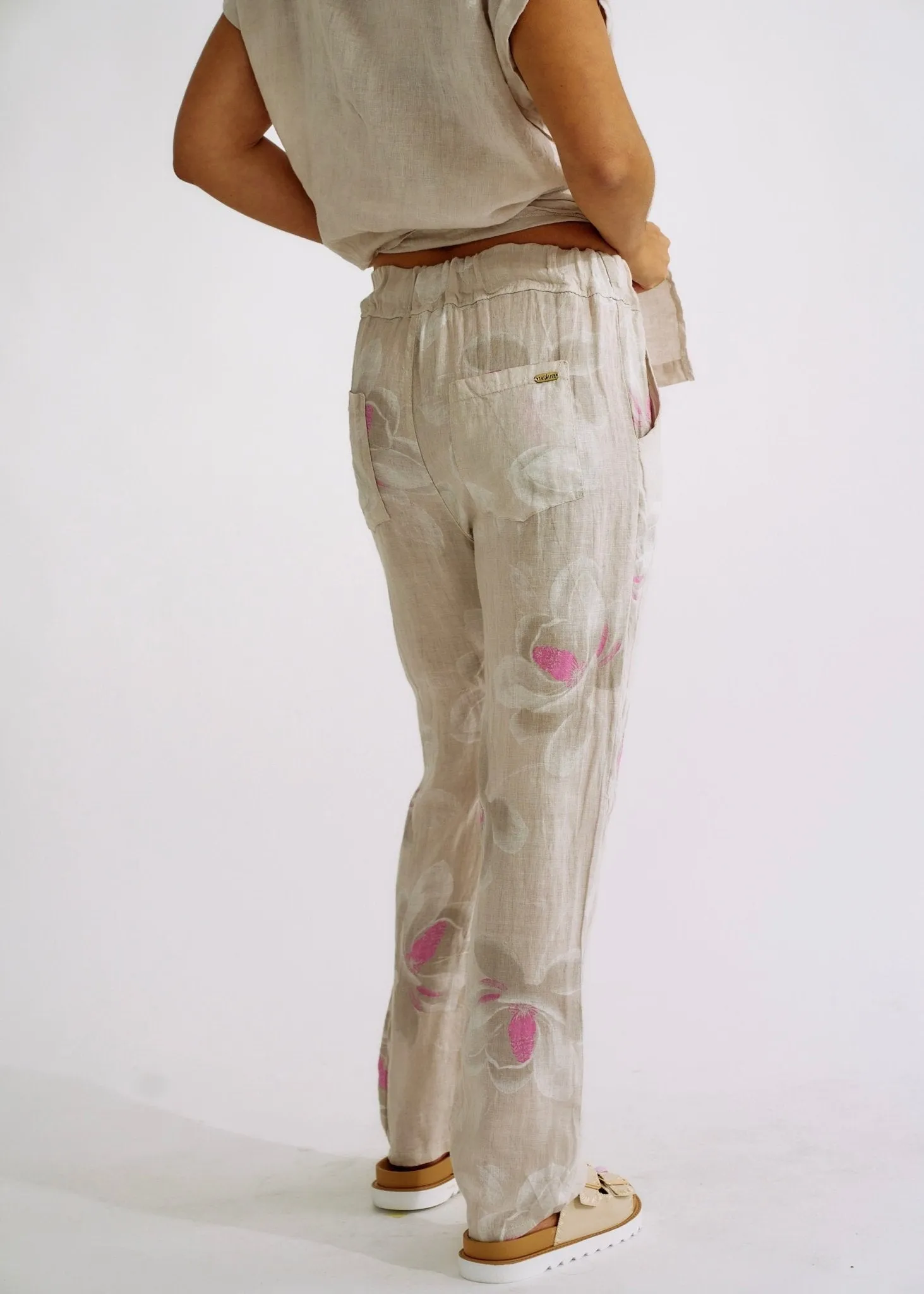 Pure Linen Italian Floral Printed Joggers Beige