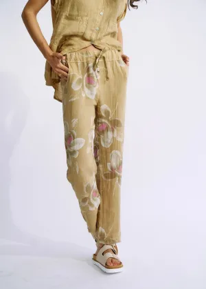 Pure Linen Italian Floral Printed Joggers Cappuccino