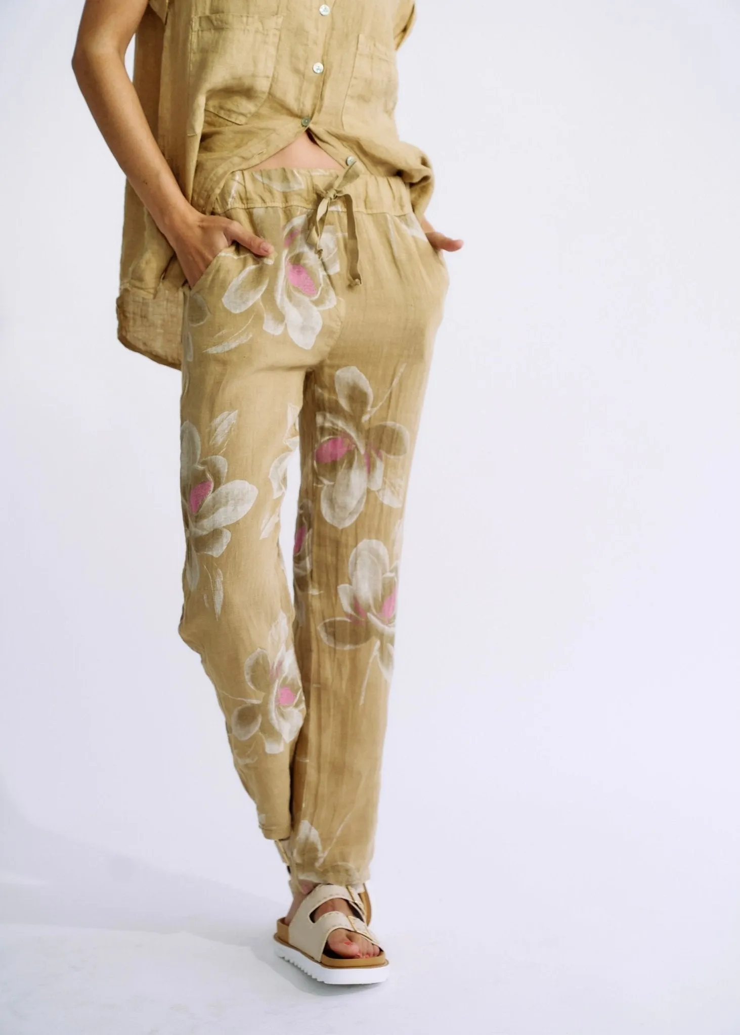 Pure Linen Italian Floral Printed Joggers Cappuccino