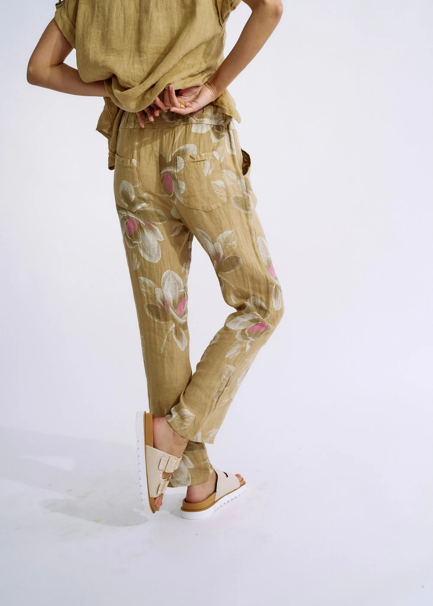 Pure Linen Italian Floral Printed Joggers Cappuccino