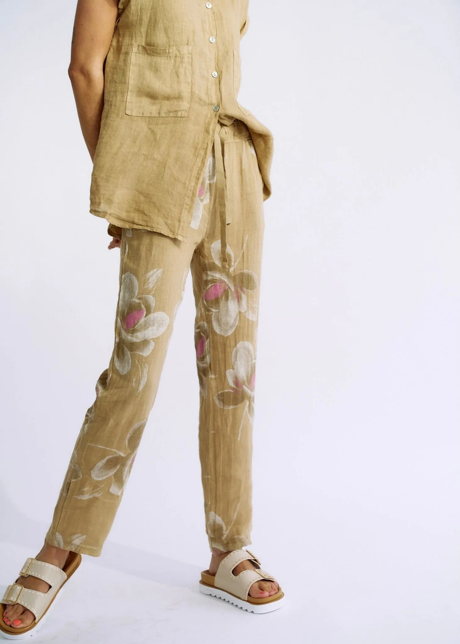 Pure Linen Italian Floral Printed Joggers Cappuccino