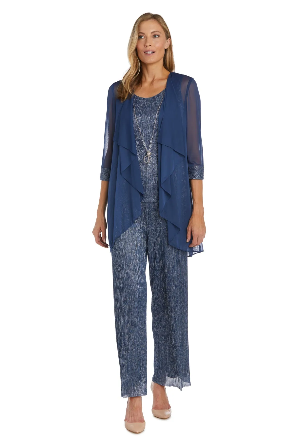 R&M Richards Crinkle Chiffon Jacket Pantsuit with Necklace