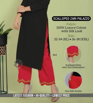 Red Cotton Palazzo Pants with Zari Embroidery