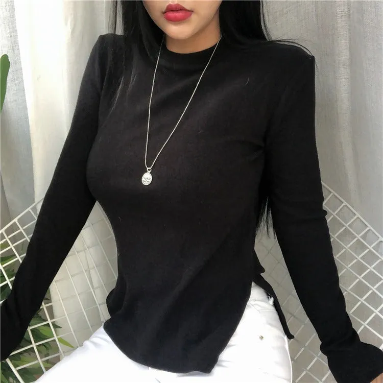 Spring Top Sexy T Shirt Elastic Korean Style Split Skinny Long Sleeve