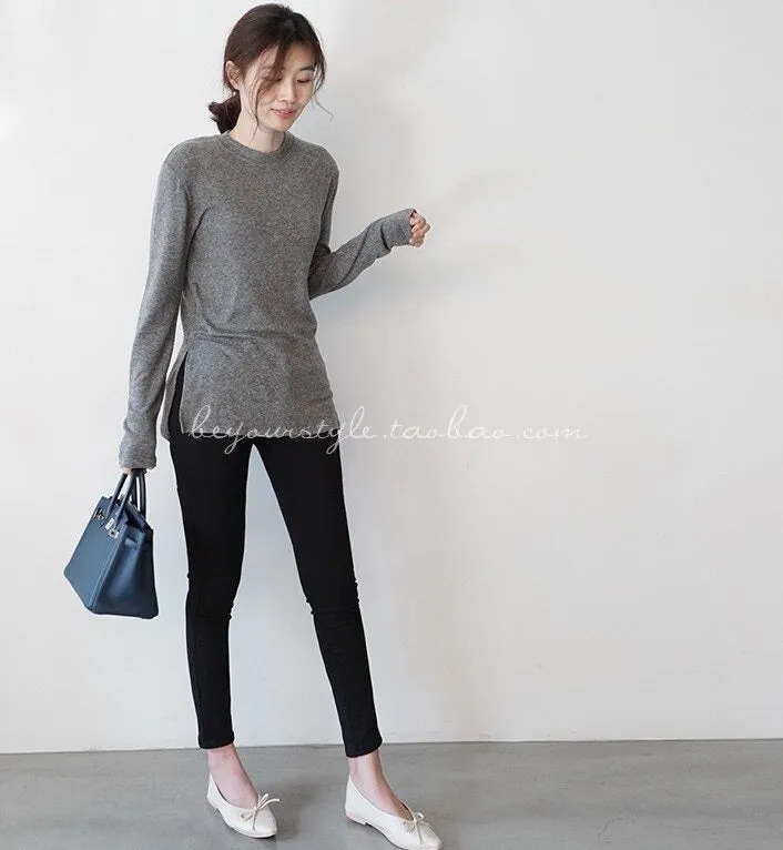 Spring Top Sexy T Shirt Elastic Korean Style Split Skinny Long Sleeve