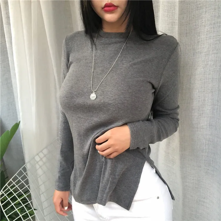 Spring Top Sexy T Shirt Elastic Korean Style Split Skinny Long Sleeve