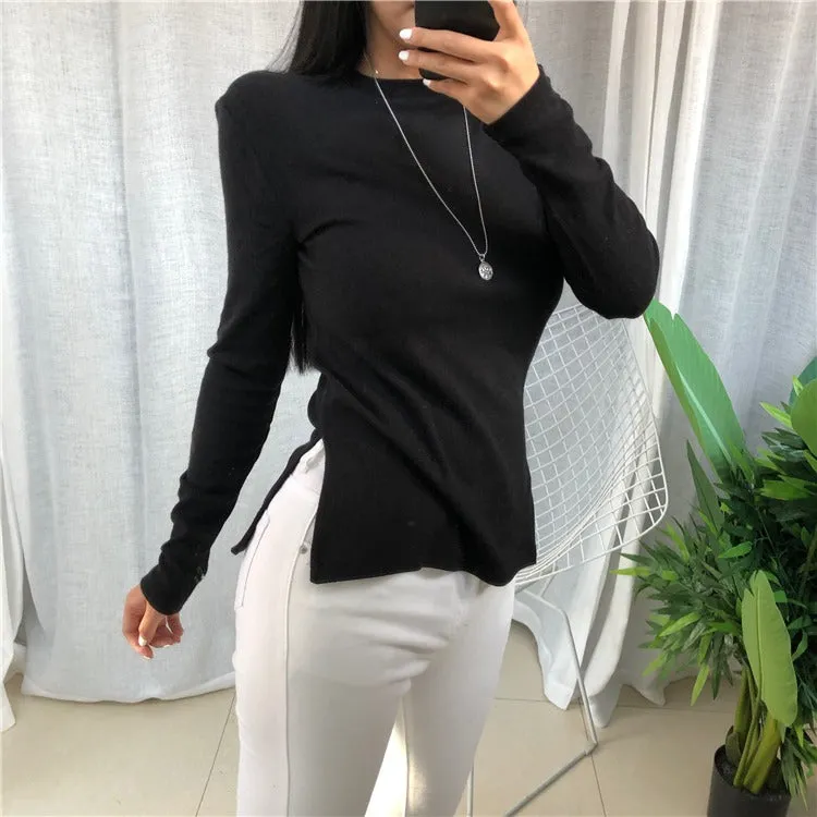 Spring Top Sexy T Shirt Elastic Korean Style Split Skinny Long Sleeve