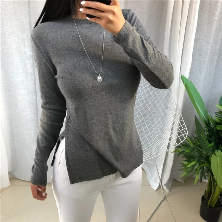 Spring Top Sexy T Shirt Elastic Korean Style Split Skinny Long Sleeve