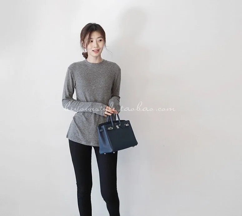 Spring Top Sexy T Shirt Elastic Korean Style Split Skinny Long Sleeve