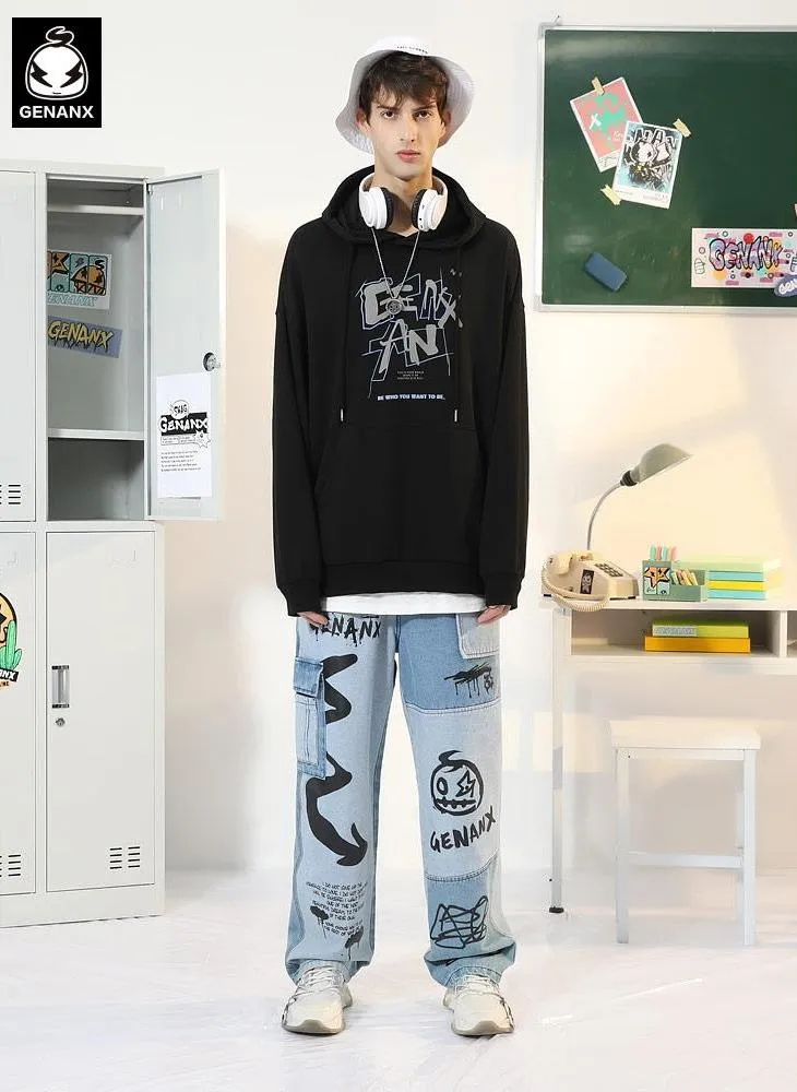 Street Style Contrast Color Letter Print Straight Jeans