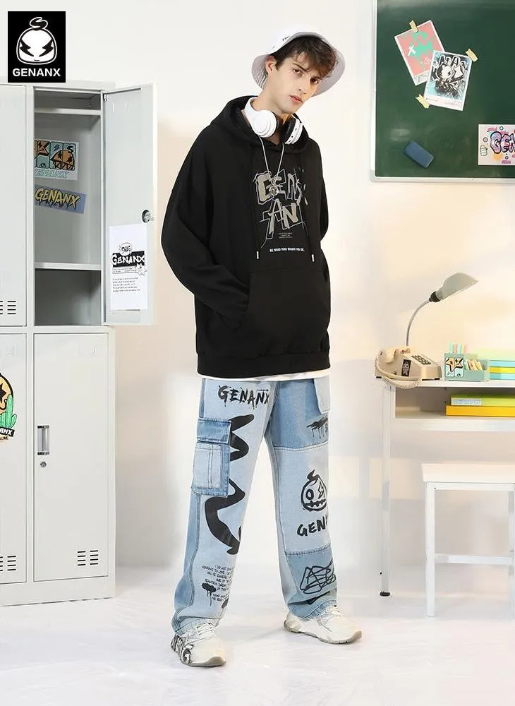 Street Style Contrast Color Letter Print Straight Jeans