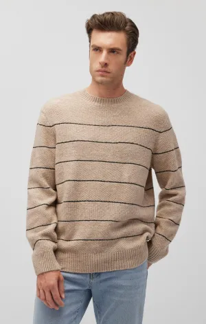 STRIPED CREW NECK SWEATER IN OATMEAL MELANGE