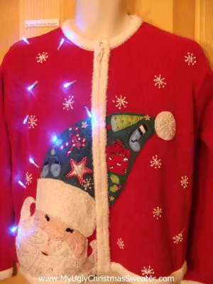 Tacky Red Light Up Christmas Sweater with Scary Horrible Santa