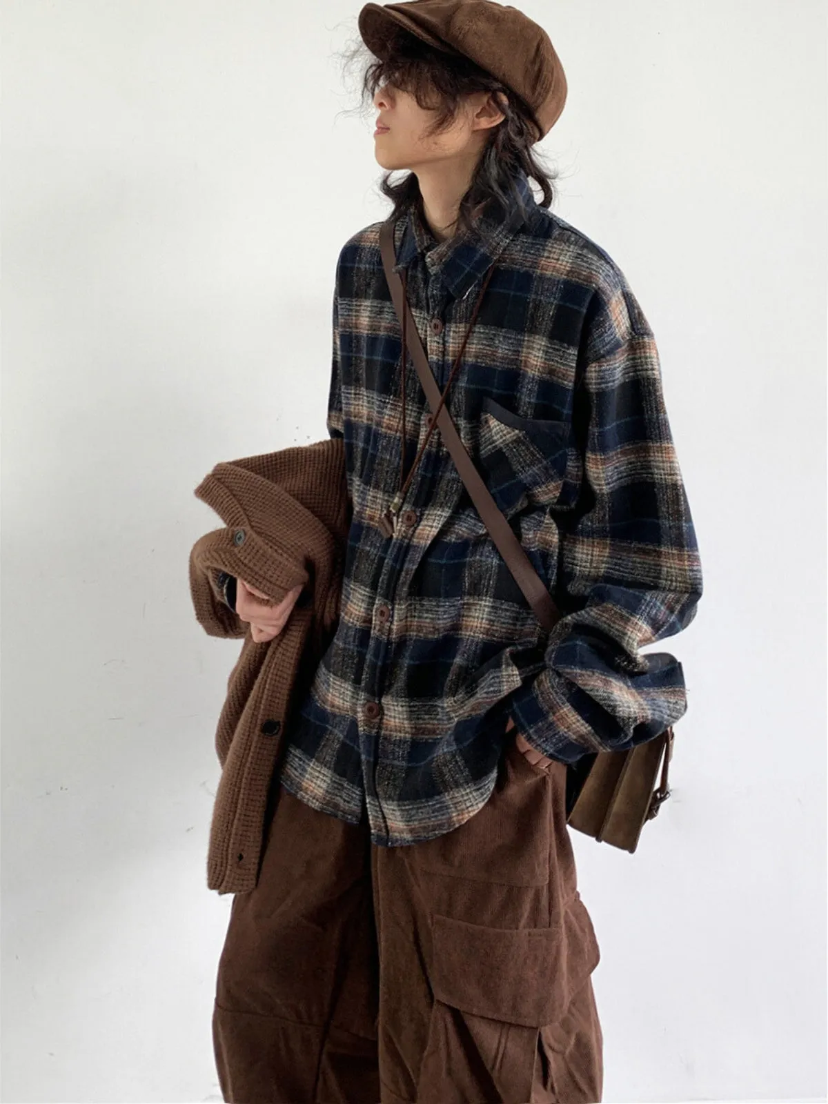 WLS Retro Plaid Neutral Long Sleeve Loose Shirt