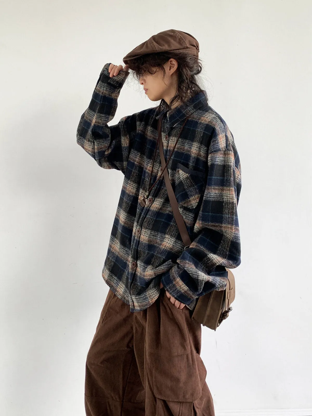 WLS Retro Plaid Neutral Long Sleeve Loose Shirt