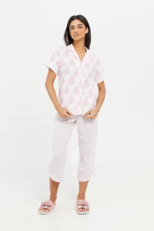 Women Pink Printed Short Sleeved Pajama Set (2 Piece)