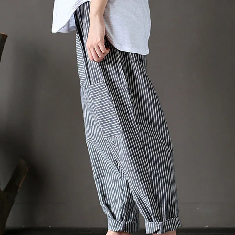 Women Stripe Elastic Waist Casual Loose Harem Pants