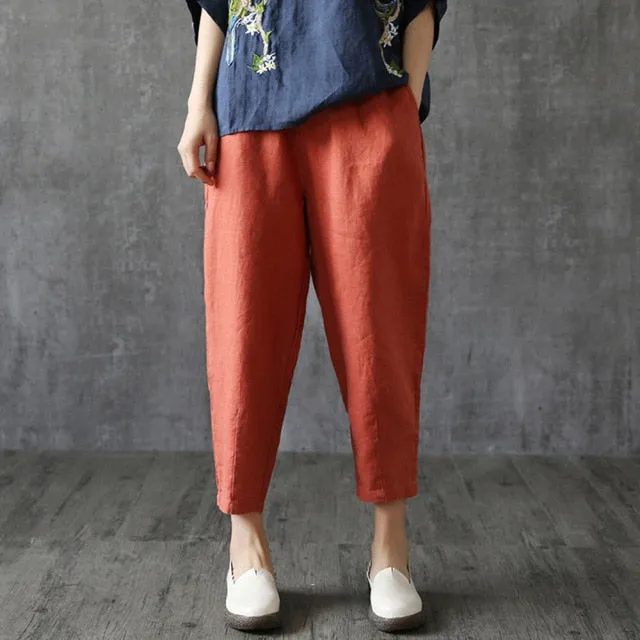 Yeknu Plus Size Cotton Linen Trousers Women Summer Loose Harem High Waist Stripe Pocket Pant Casual Pantalon Female Sweatpants Trouser