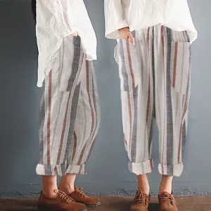 Yeknu Plus Size Cotton Linen Trousers Women Summer Loose Harem High Waist Stripe Pocket Pant Casual Pantalon Female Sweatpants Trouser