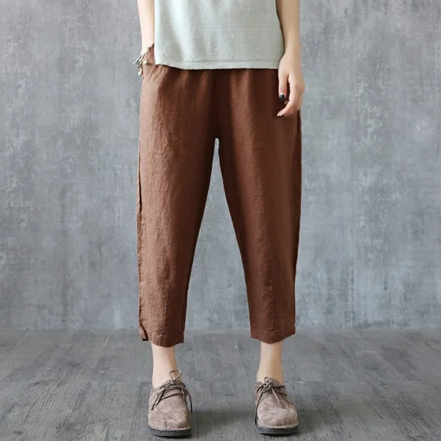 Yeknu Plus Size Cotton Linen Trousers Women Summer Loose Harem High Waist Stripe Pocket Pant Casual Pantalon Female Sweatpants Trouser