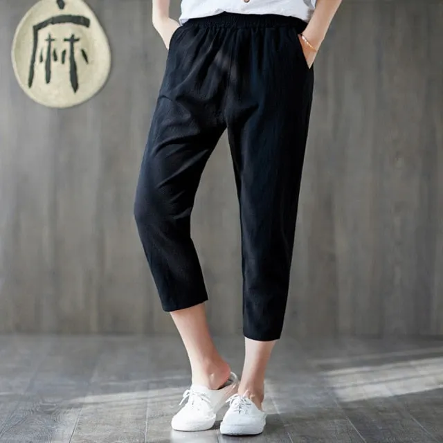 Yeknu Plus Size Cotton Linen Trousers Women Summer Loose Harem High Waist Stripe Pocket Pant Casual Pantalon Female Sweatpants Trouser